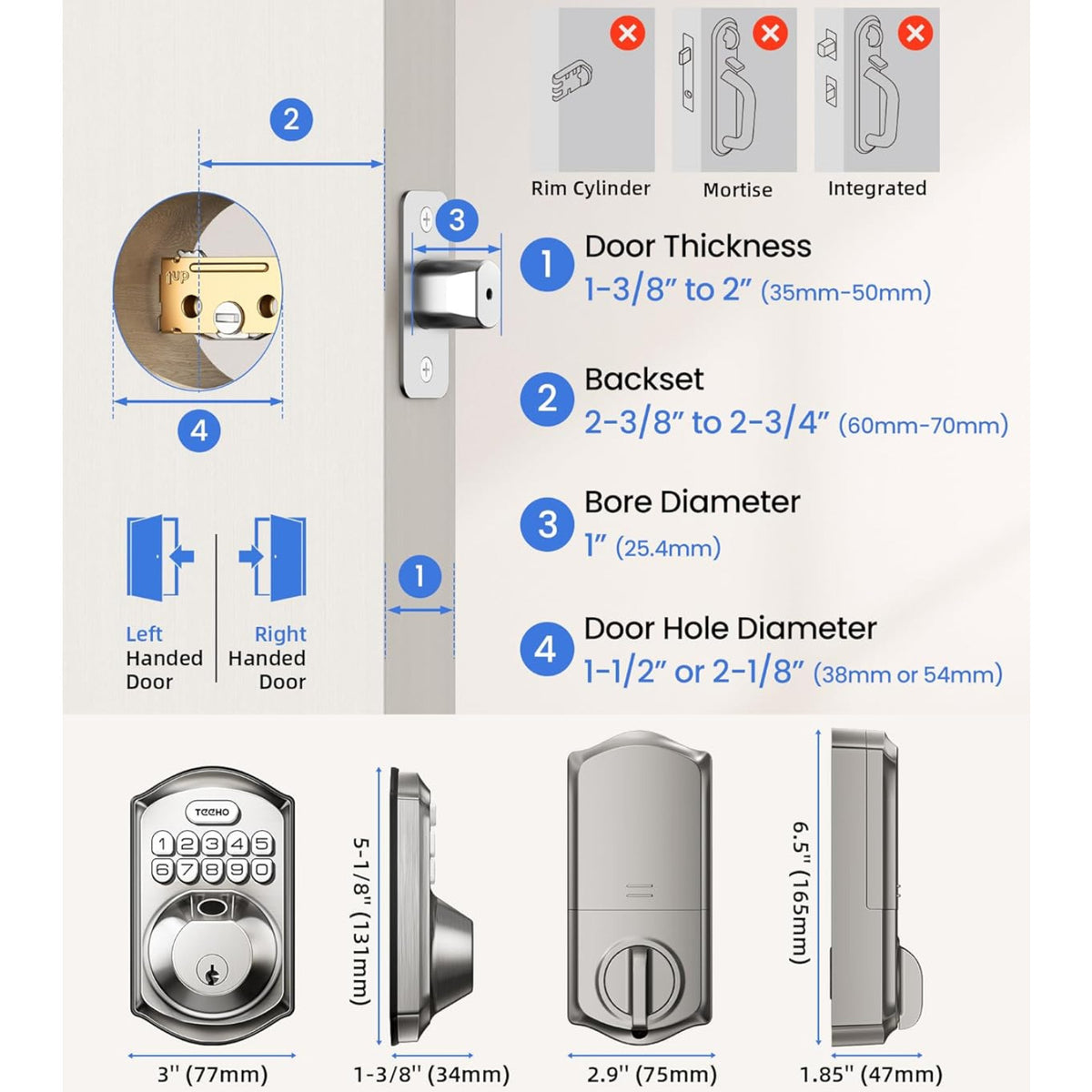 Keyless Entry TE012W Satin Nickel Wi-Fi Smart Keypad Deadbolt