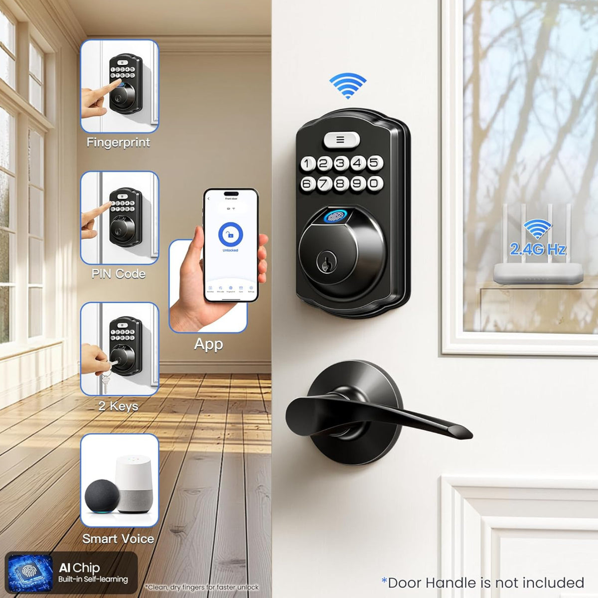 Keyless Entry VE012W Matte Black Fingerprint and Keypad Smart Deadbolt