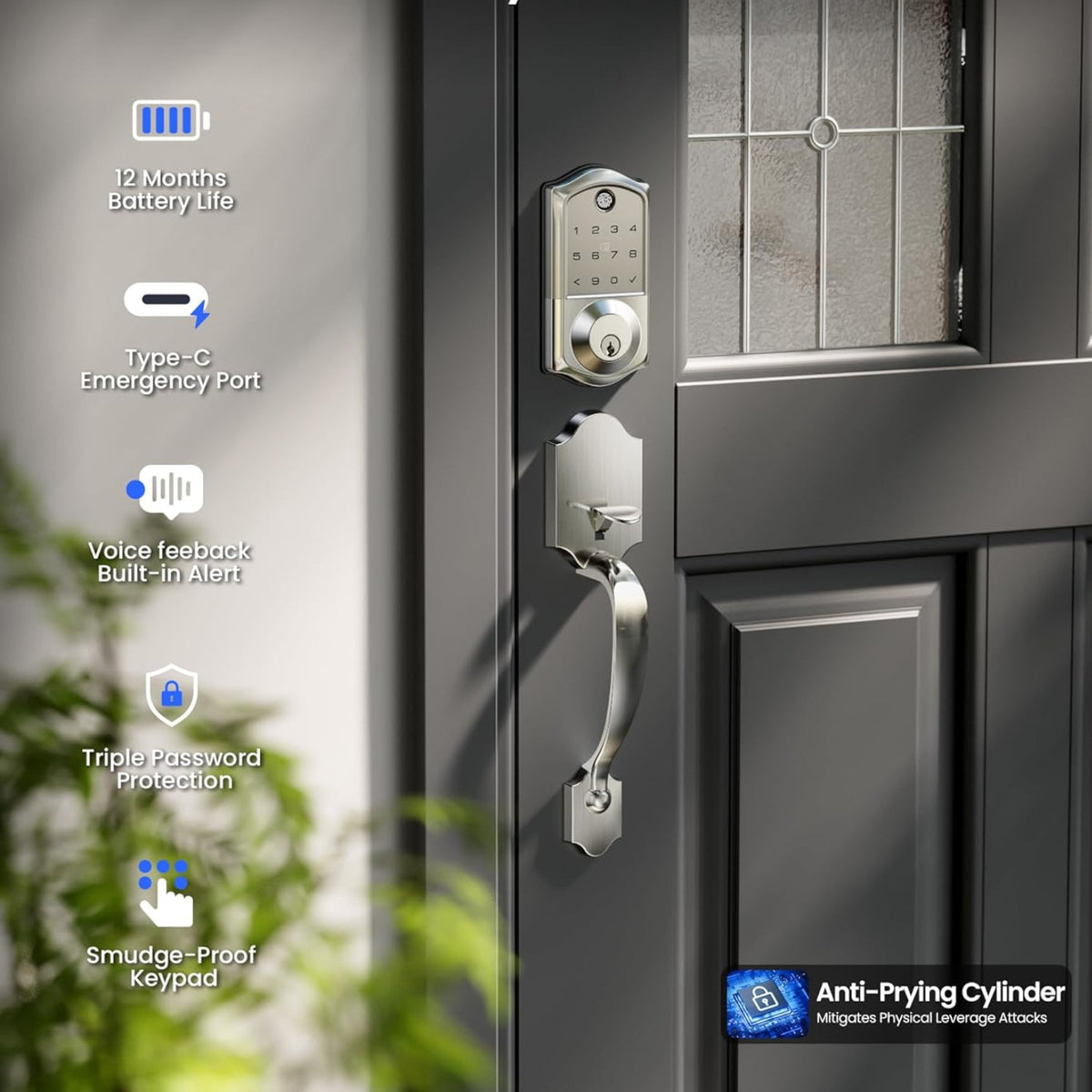 Keyless Entry VE017-H Satin Nickel Keypad Smart Deadbolt and Handles