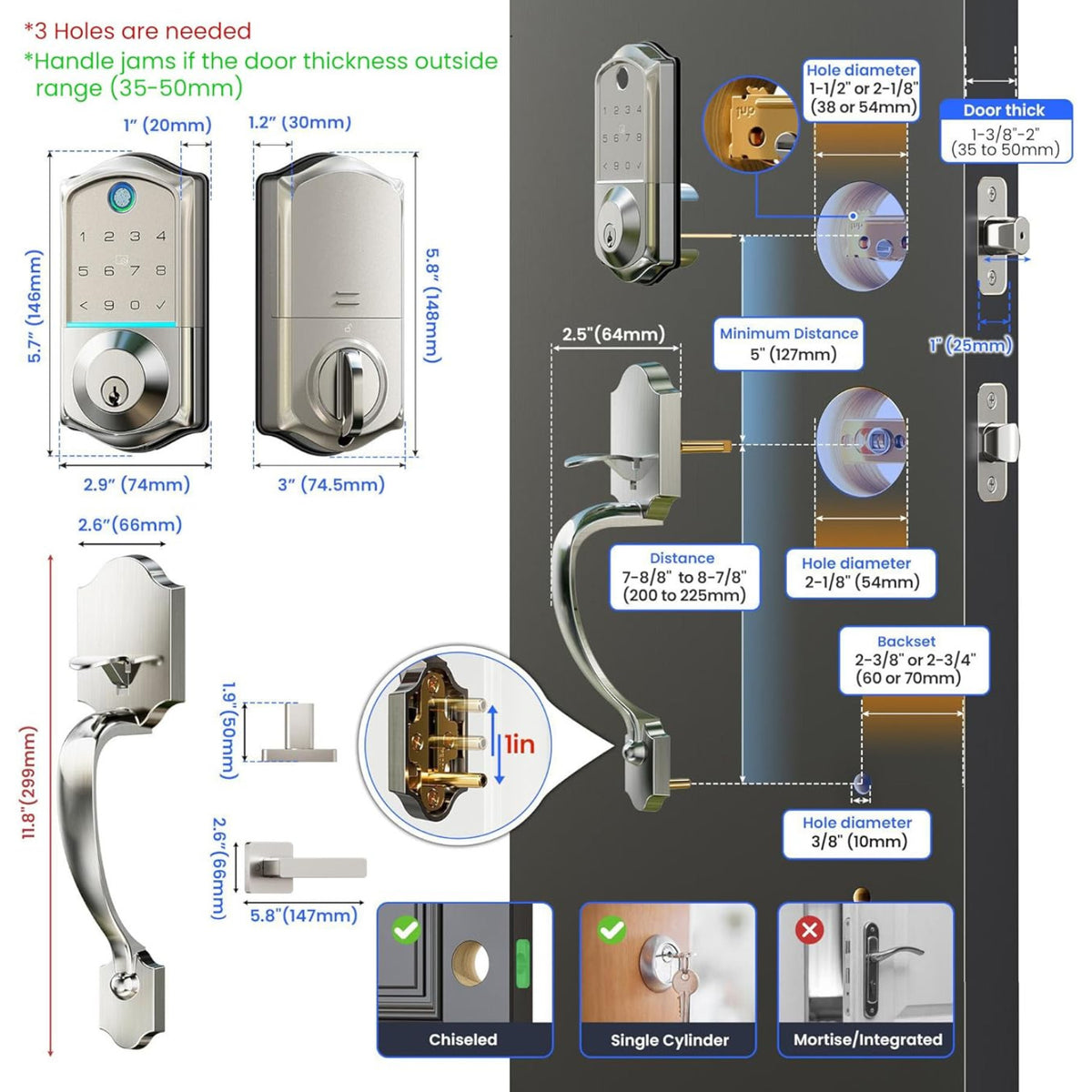 Keyless Entry VE017-H Satin Nickel Keypad Smart Deadbolt and Handles