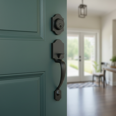 Teal door with black handle and lock in a home setting