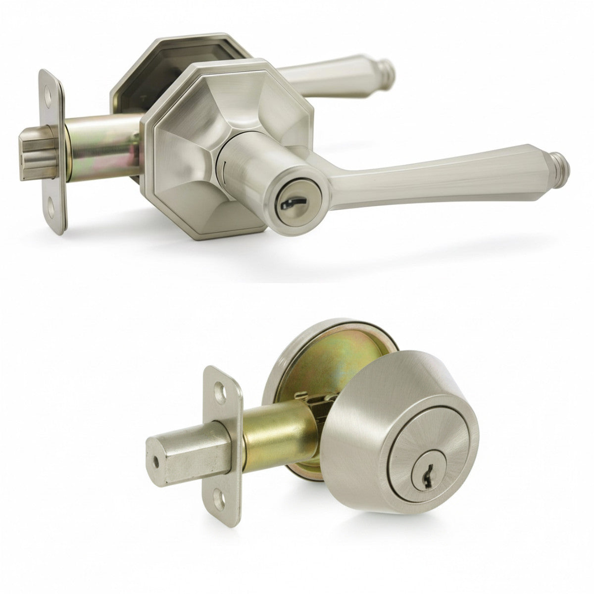 Windsor Satin Nickel Entry Lever with Matching Single Cylinder Deadbolt Combo Pack