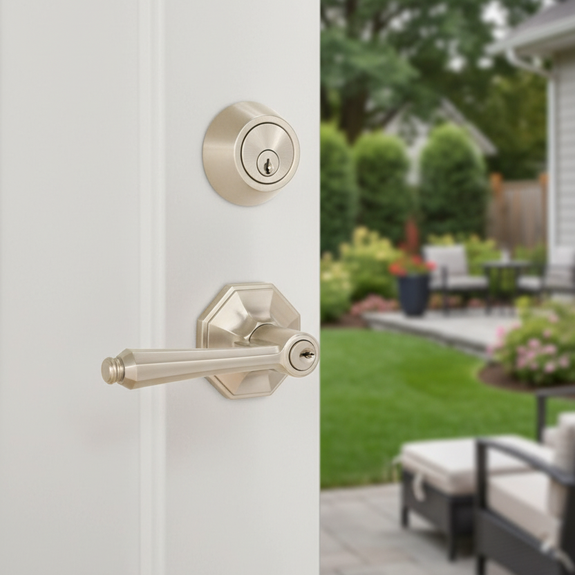 Windsor Satin Nickel Entry Lever with Matching Single Cylinder Deadbolt Combo Pack