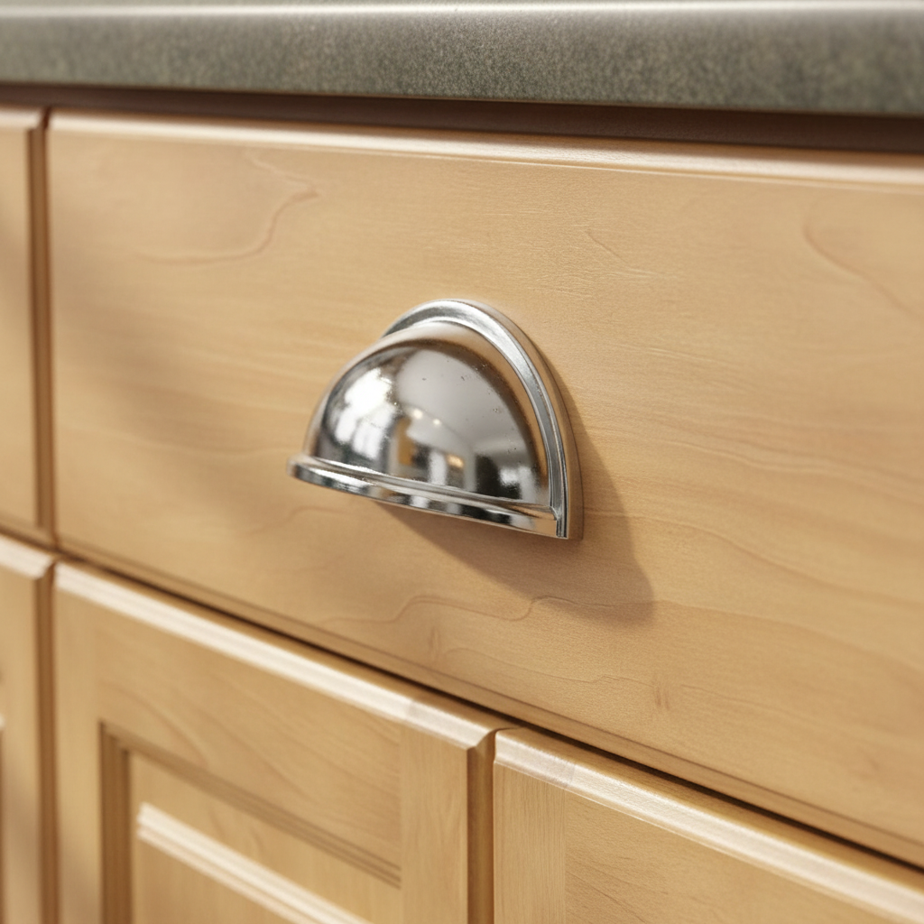 Wooden cabinet with a chrome handle