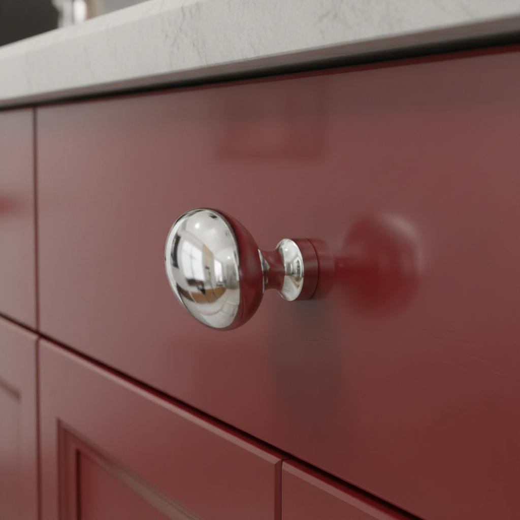 Close-up of a red cabinet with a silver knob