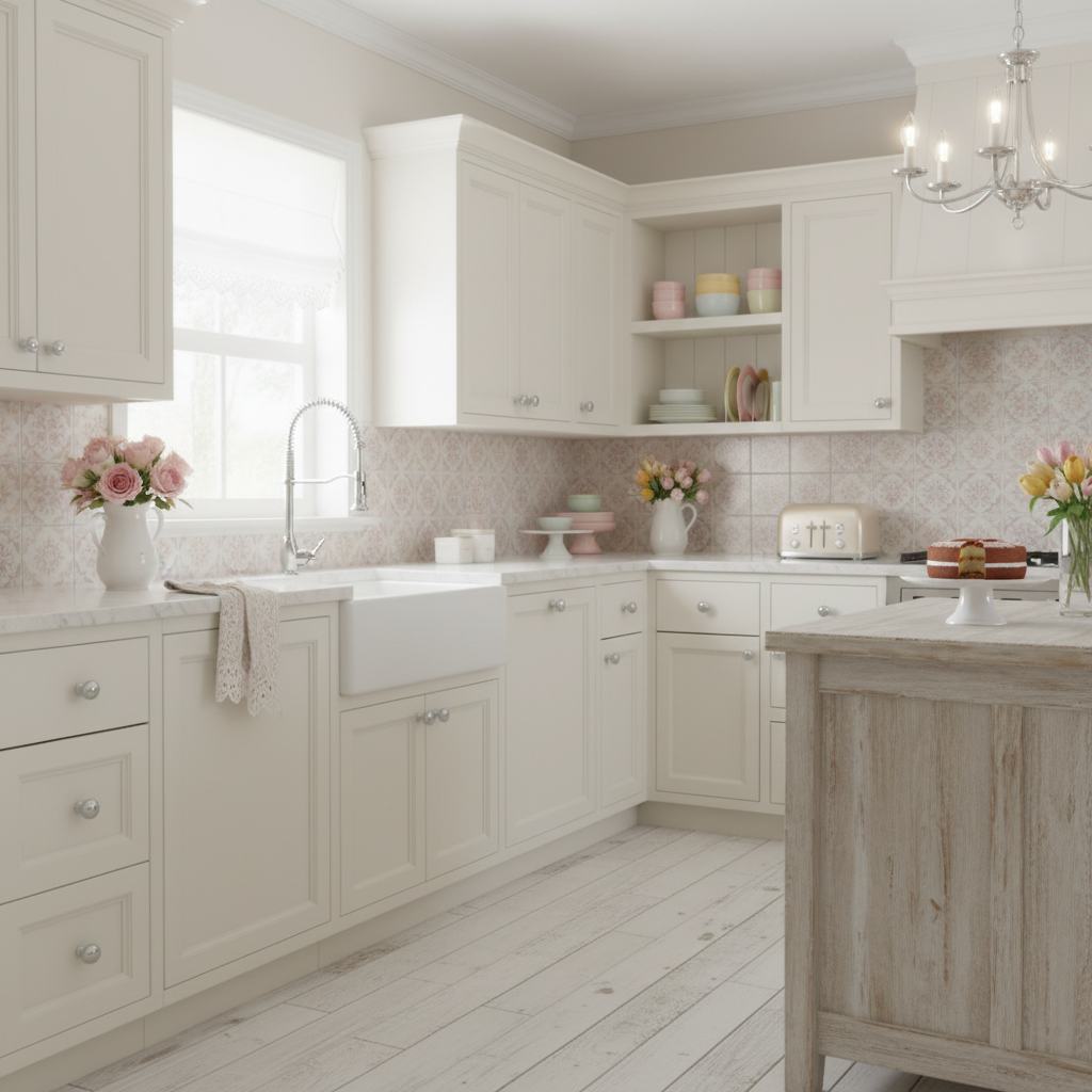 Modern kitchen with white cabinets, a wooden island, and decorative elements.