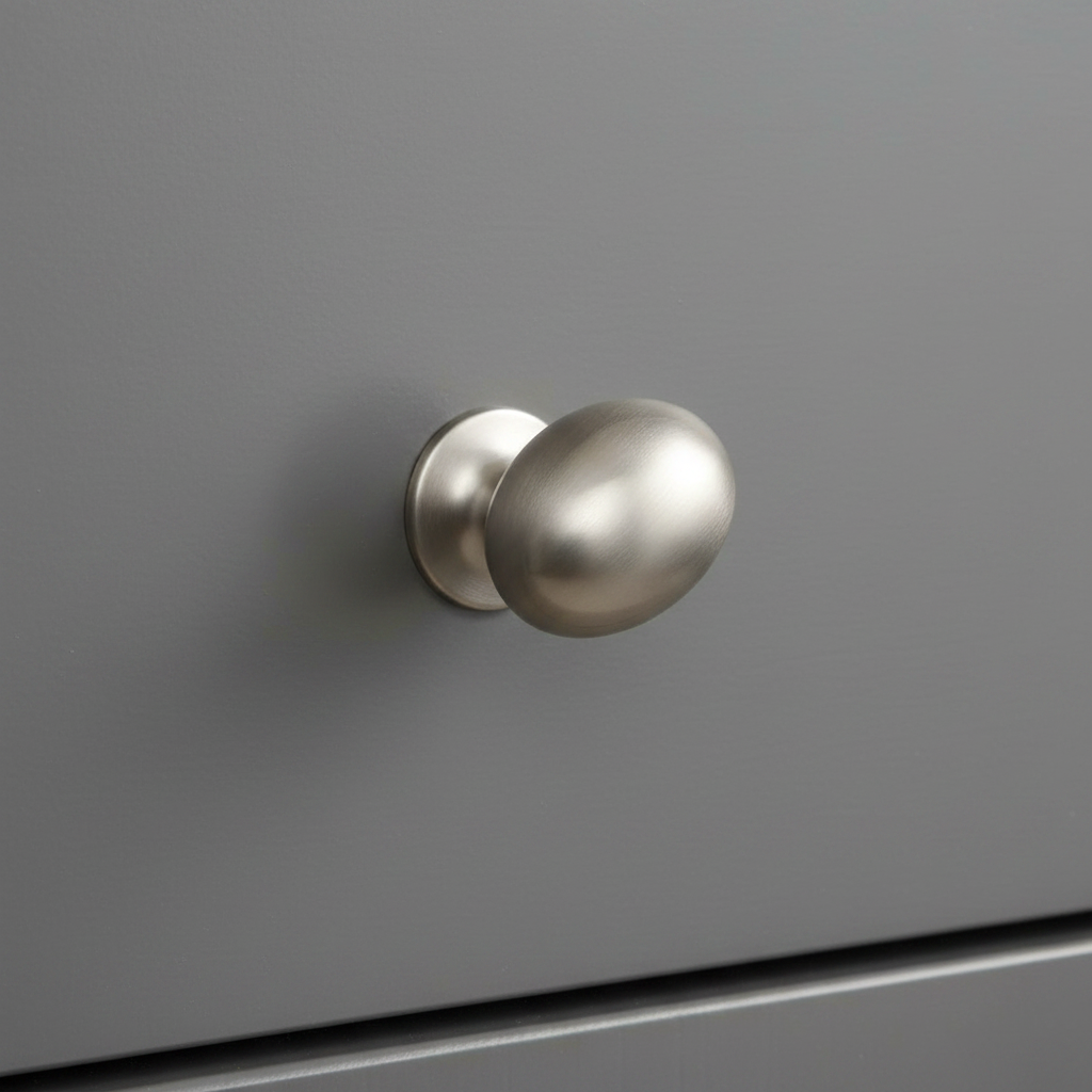 satin nickel cabinet door knob on a gray cabinet