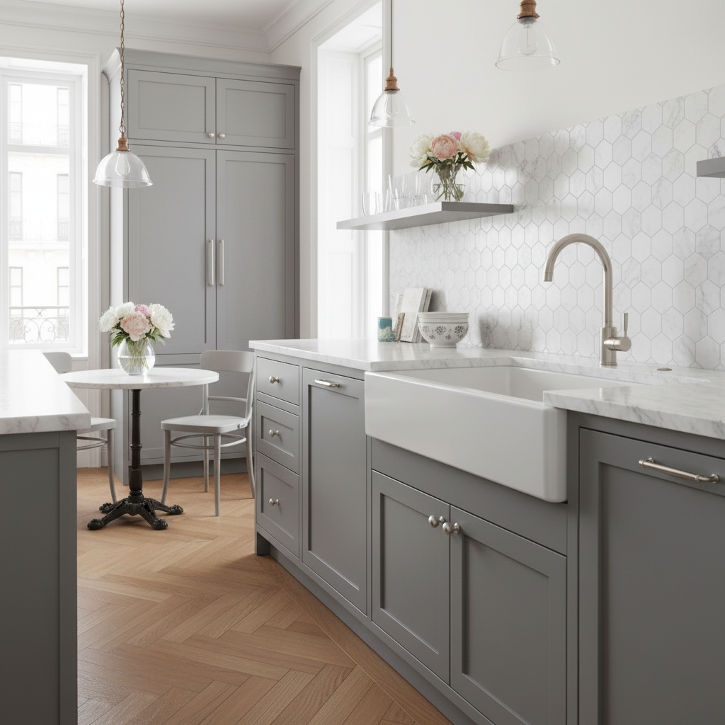satin nickel round cabinet knobs on gray kitchen
