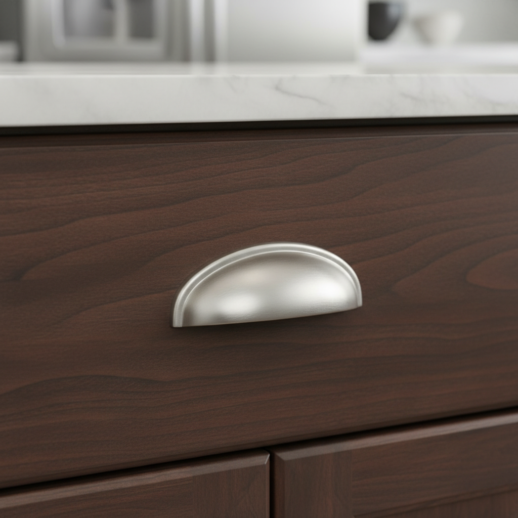 Wooden drawer with a satin nickel cup handle in a kitchen setting