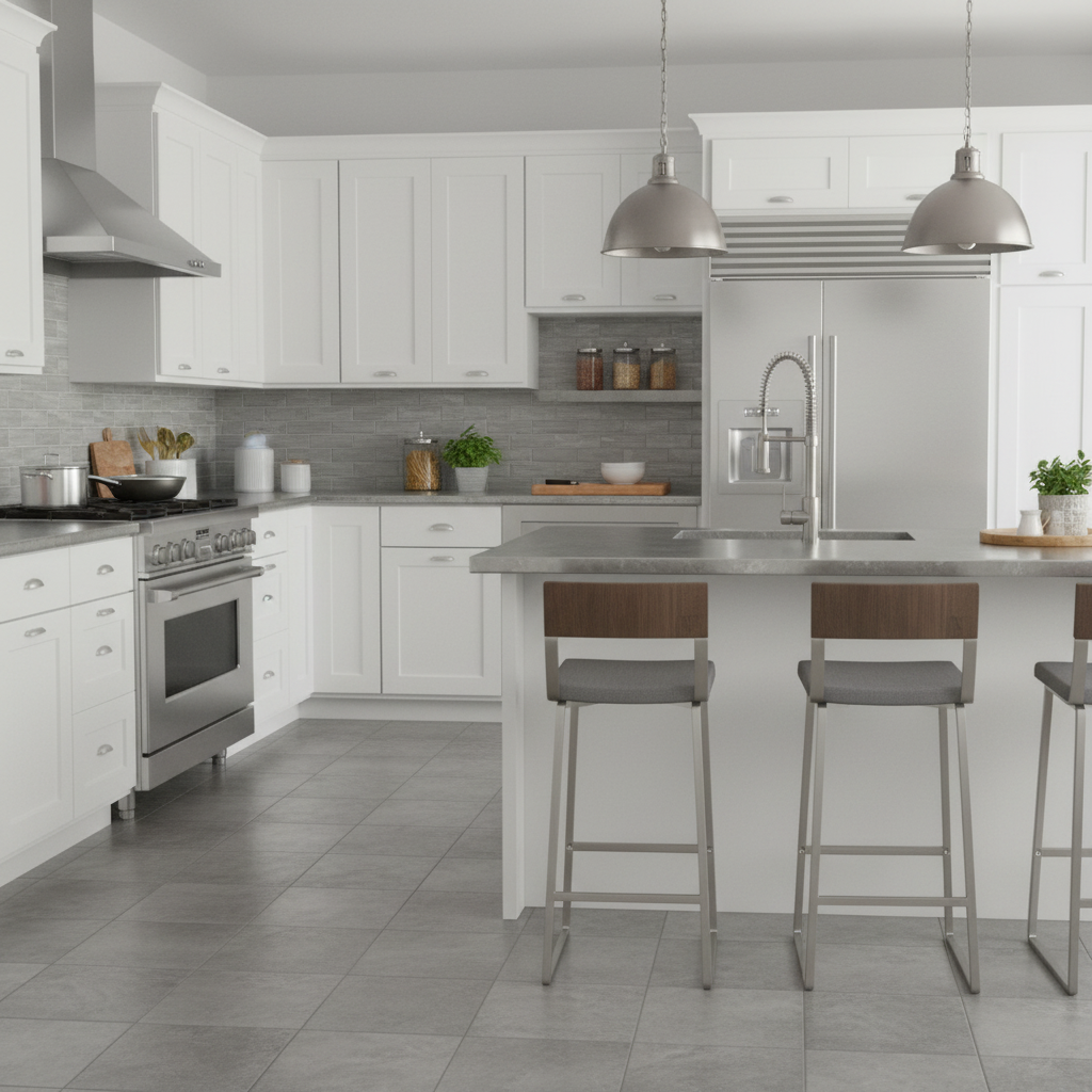 Modern kitchen with white cabinets, stainless steel appliances, and gray countertops.