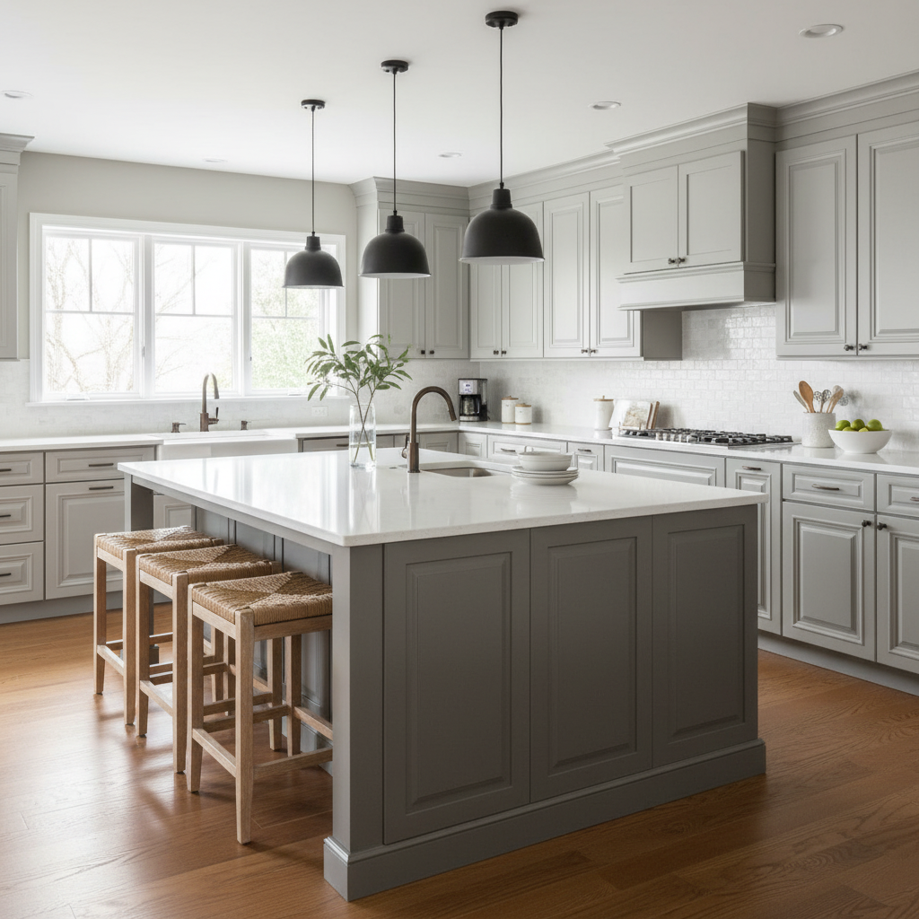 Modern kitchen with gray island and wooden stools