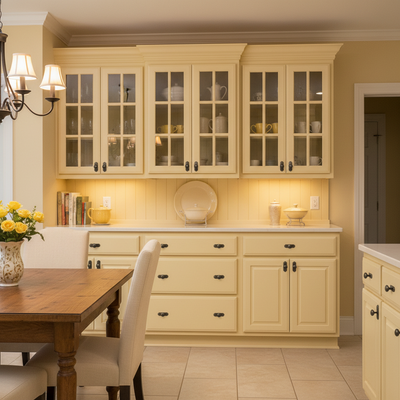 Beige kitchen with wooden table and chairs, featuring glass-fronted cabinets and a chandelier.