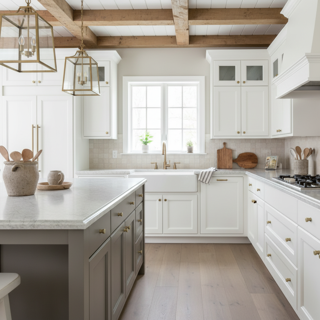 Brushed antique brass cabinet thumb cabinet knobs in a Belgian style farmhouse kitchen with white cabinets and slate gray island. 
