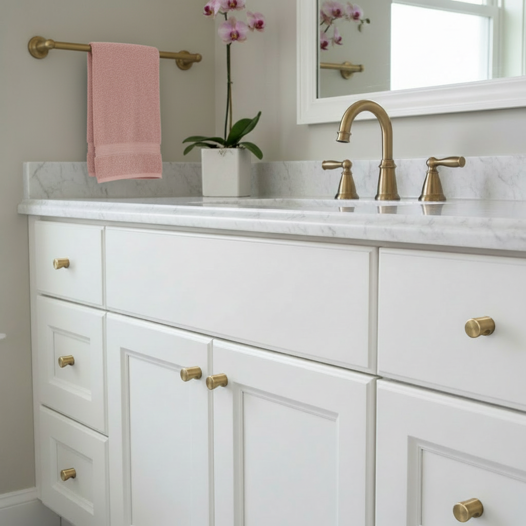 brushed antique brass finger knobs installed on a white vanity in a pretty bathroom. 