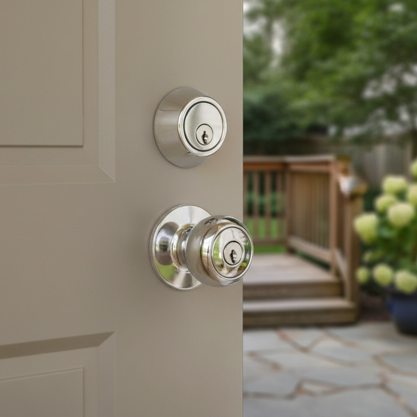 Bedford Polished Chrome Entry Knob with Matching Single Cylinder Deadbolt Combo Pack