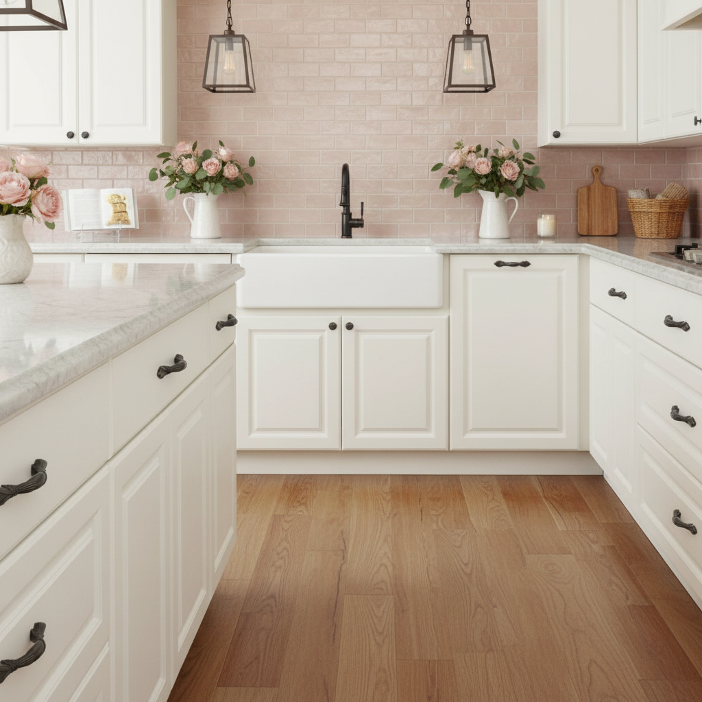 decorative oil rubbed bronze handle in a romantic kitchen with pretty flowers and oil rubbed bronze fixture and faucet 
