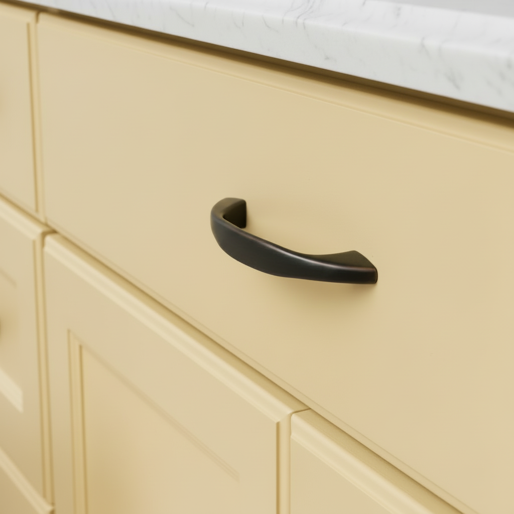 Oil rubbed bronze cabinet pull on a yellow cabinet drawer 
