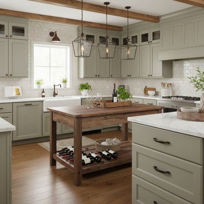oil rubbed bronze cabinet handles on a  kitchen with wooden island and light gray cabinets and wine inspiration decor 
