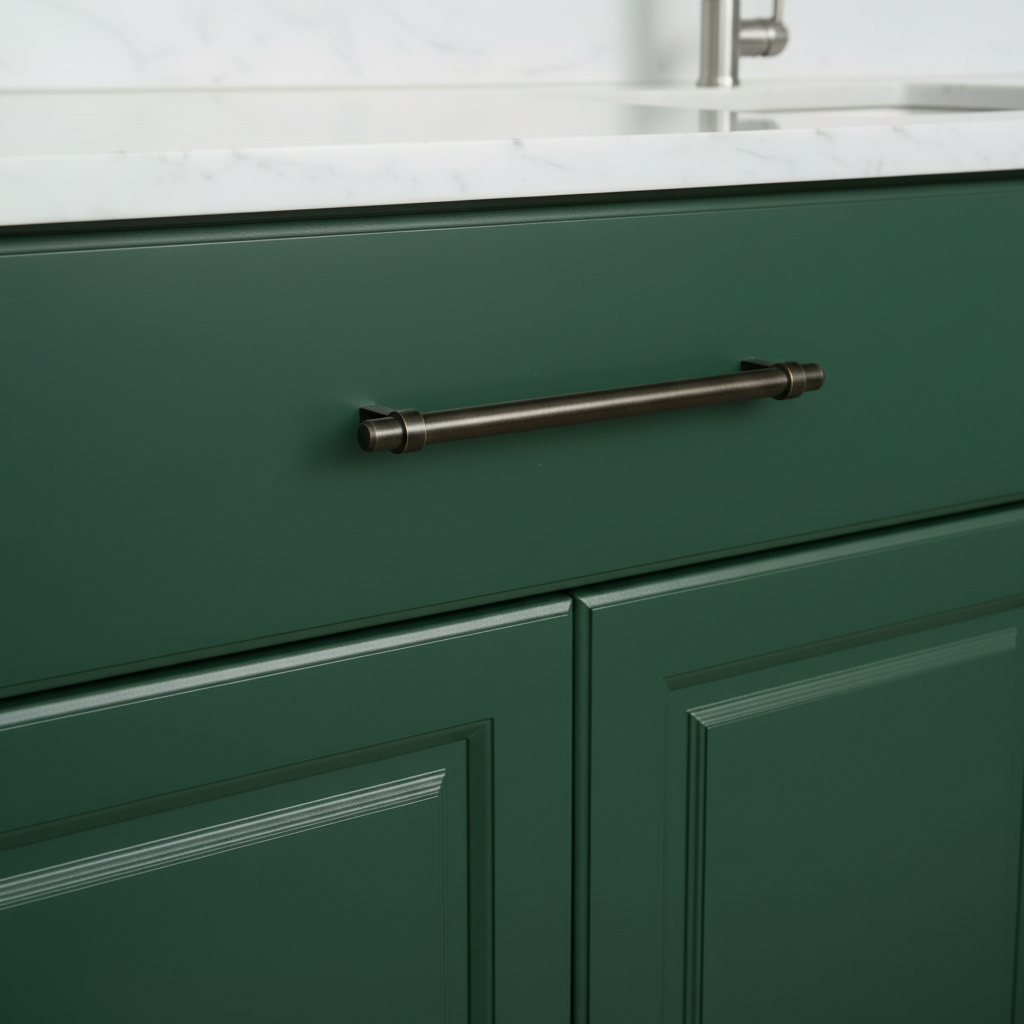 Green cabinet with a thick large oil rubbed bronze handle in a kitchen setting