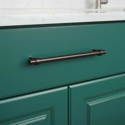 Teal cabinet with a oil rubbed bronze cabinet handle in a kitchen setting