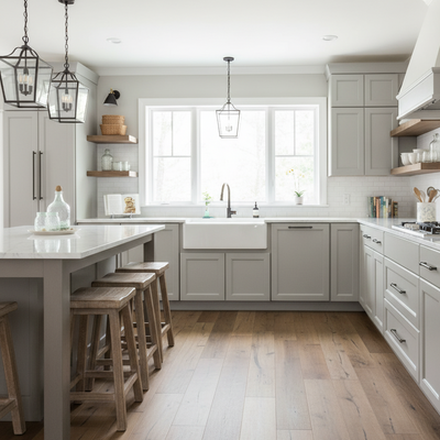 Oil rubbed bronze cabinet pulls in a  kitchen with gray cabinets, white countertops, and wooden flooring.