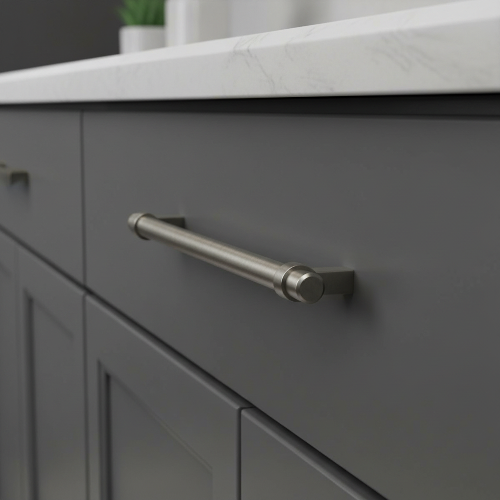 Gray cabinet with a silver handle in a kitchen setting
