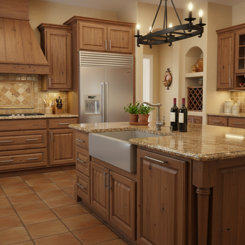 Tuscan kitchen with silver cabinet pulls