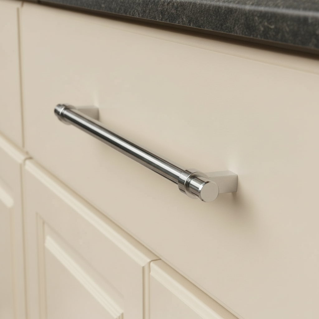 Polished chrome euro style bar pull handle on a buttercream kitchen drawer cabinet