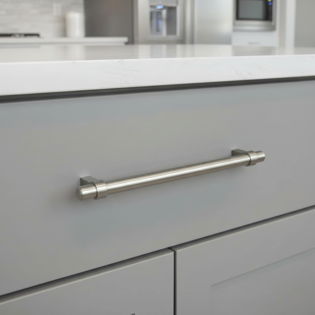 Close-up of a kitchen cabinet handle on a light gray drawer with a blurred kitchen background.