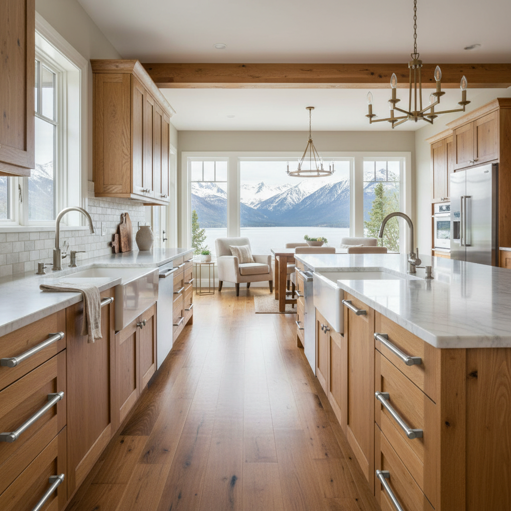 Modern kitchen with wooden cabinets, white countertops, and a view of mountains.