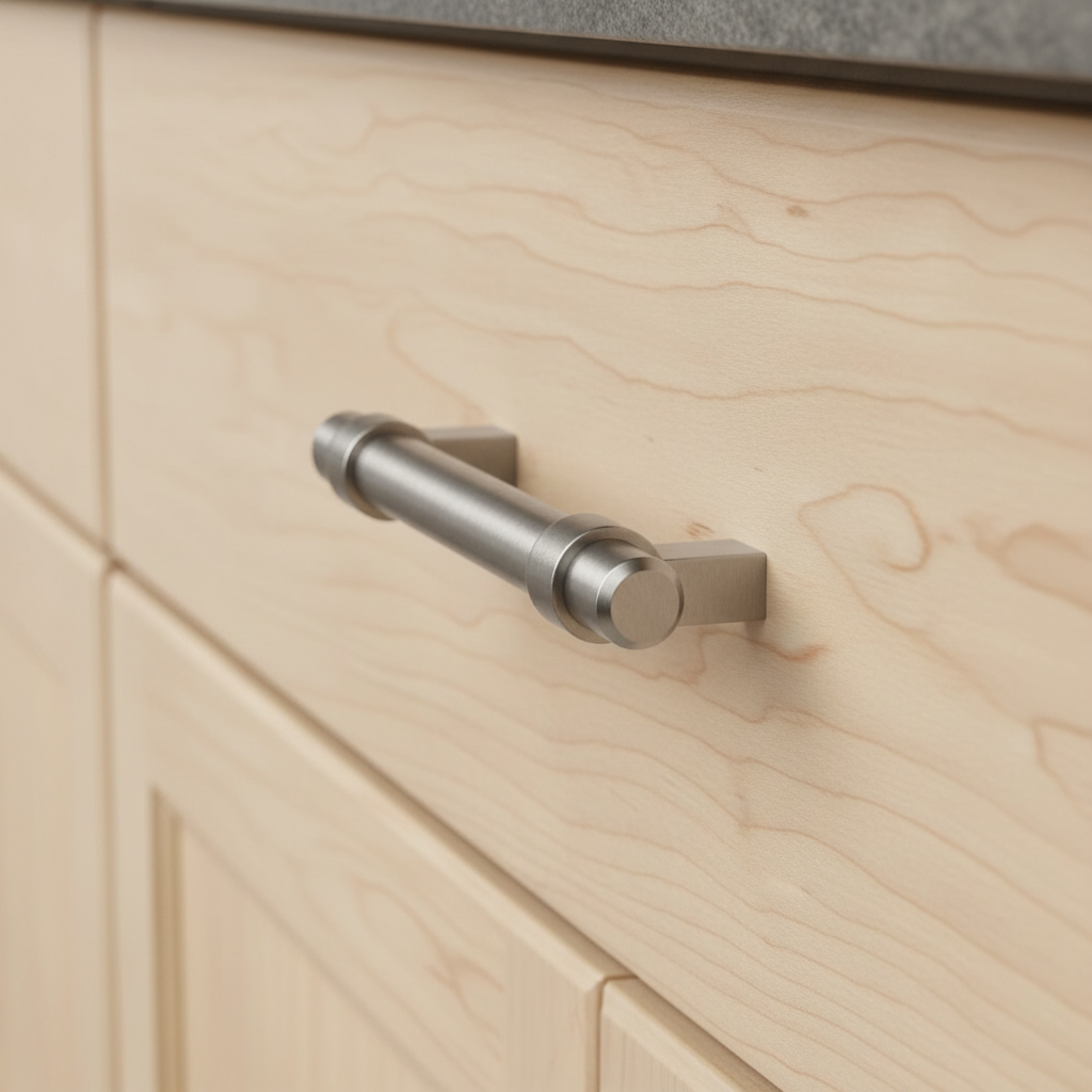 solid metal chunky cabinet handle on a wooden cabinet door