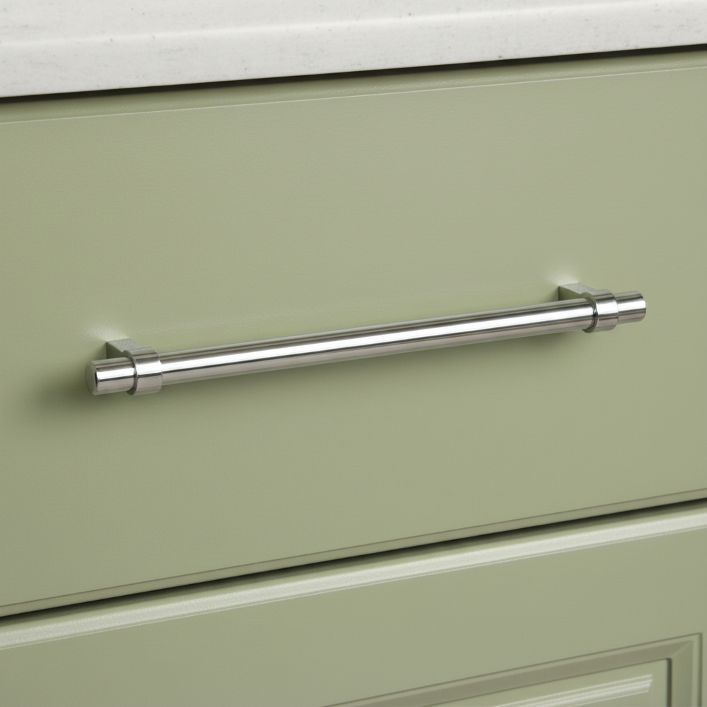 Polished chrome euro style bar pull on a green drawer