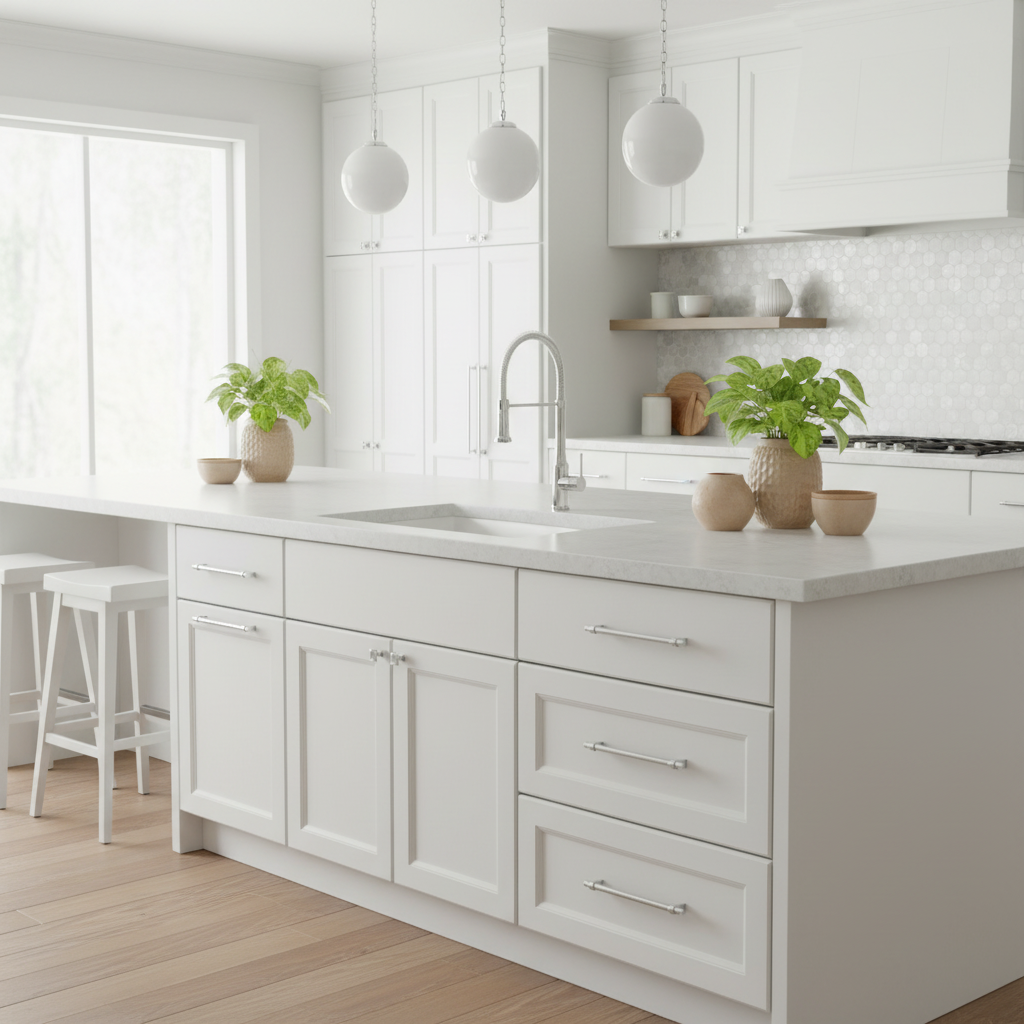Modern kitchen with white cabinets, marble countertops, and potted plants.