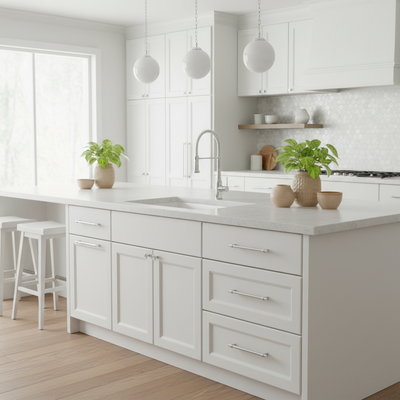 Modern kitchen with white cabinets, marble countertops, and potted plants.