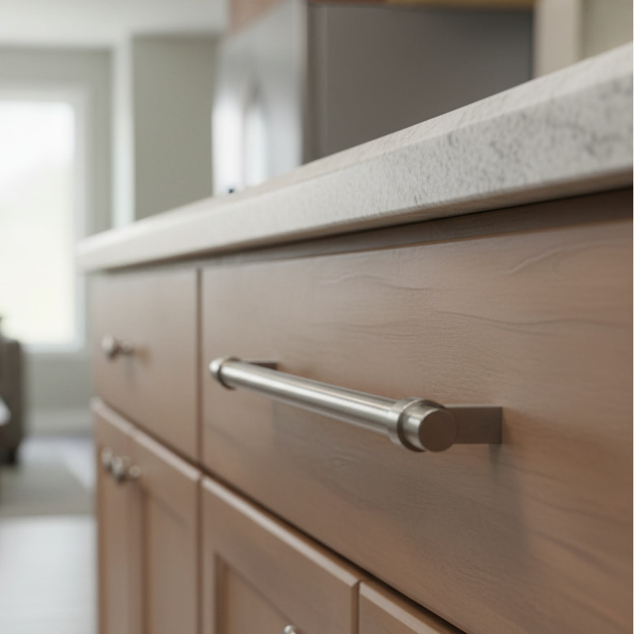 Close-up of a kitchen cabinet with a metallic handle in a blurred kitchen setting