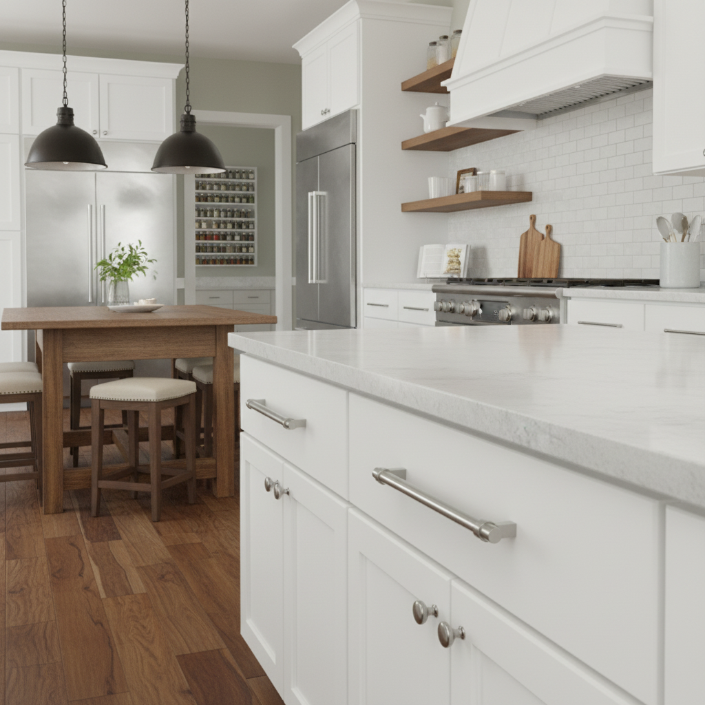 farmhouse kitchen with extra heavy duty cabinet pull son the drawers 