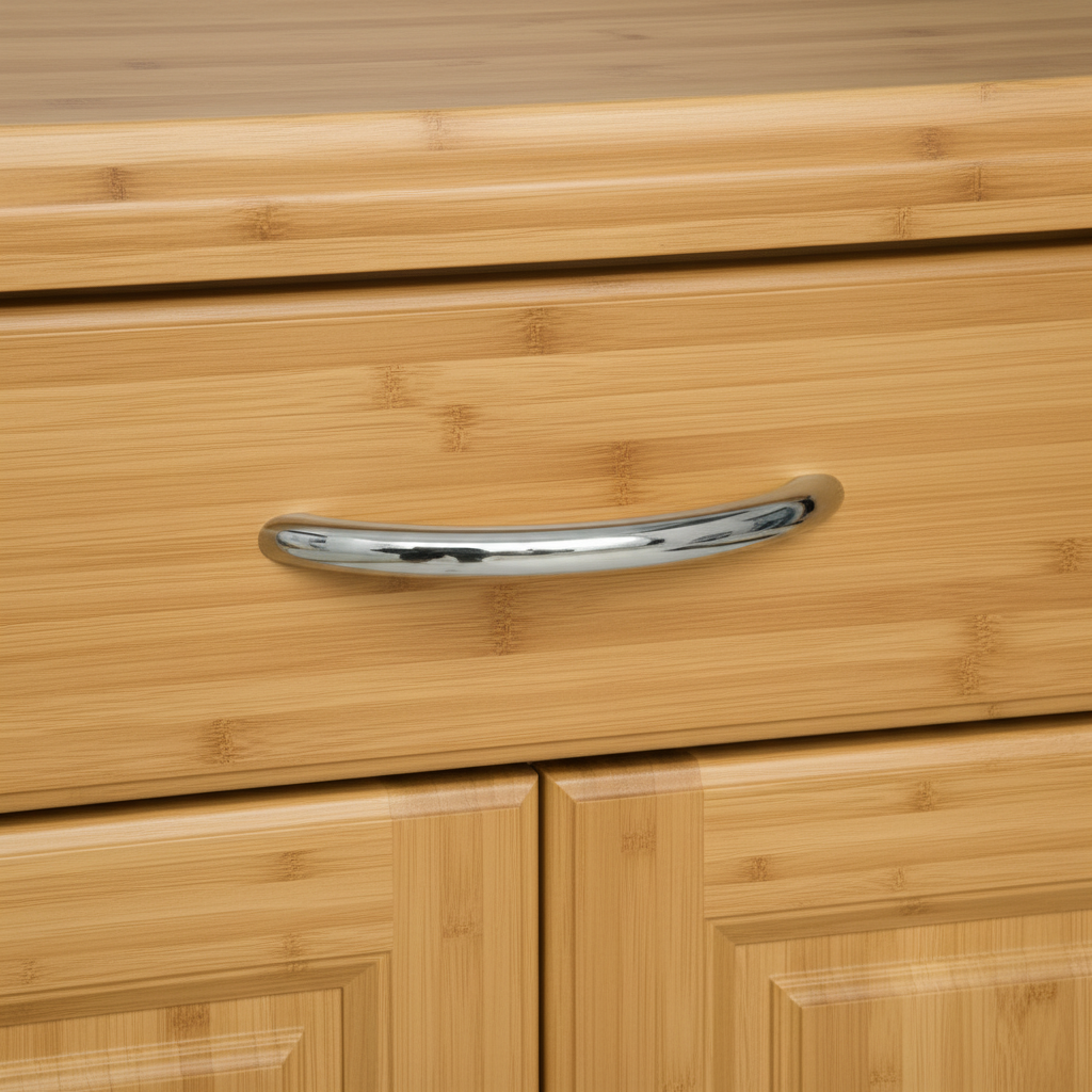 Close-up of a chrome cabinet handle on a bamboo kitchen drawer