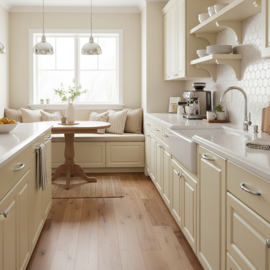 Close-up of a chrome cabinet handle on a beige cabinet.