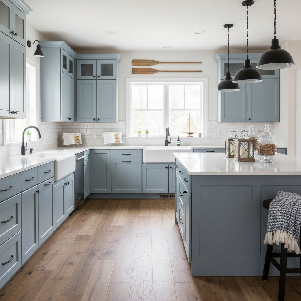 Modern kitchen with gray cabinets, white countertops, and wooden flooring.