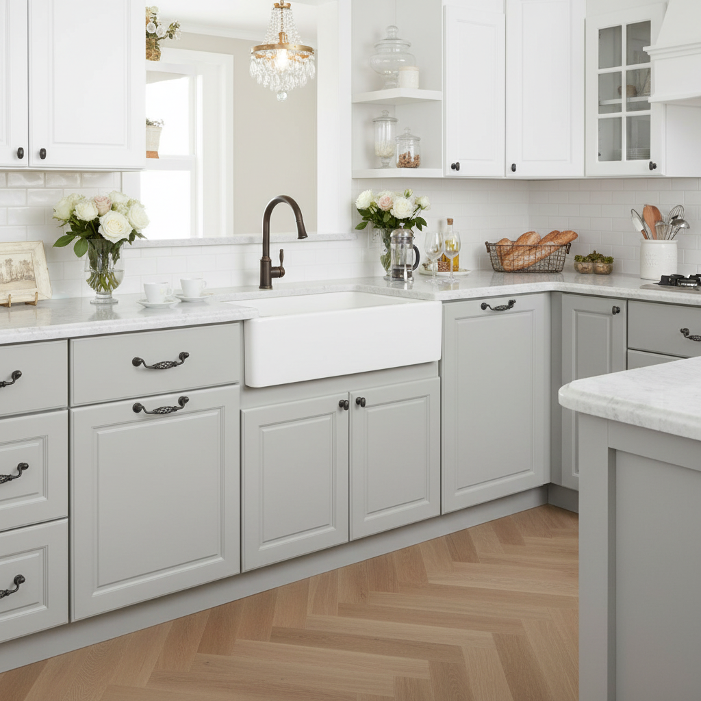 Modern kitchen with white cabinets, marble countertops, and wooden flooring.