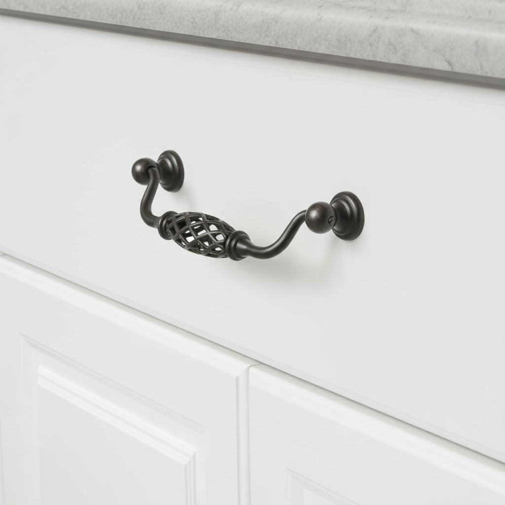 Decorative black cabinet handle on a white cabinet door