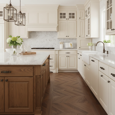 traditional style  kitchen with wooden island and white cabinets and oil rubbed bronze basket pulls 
