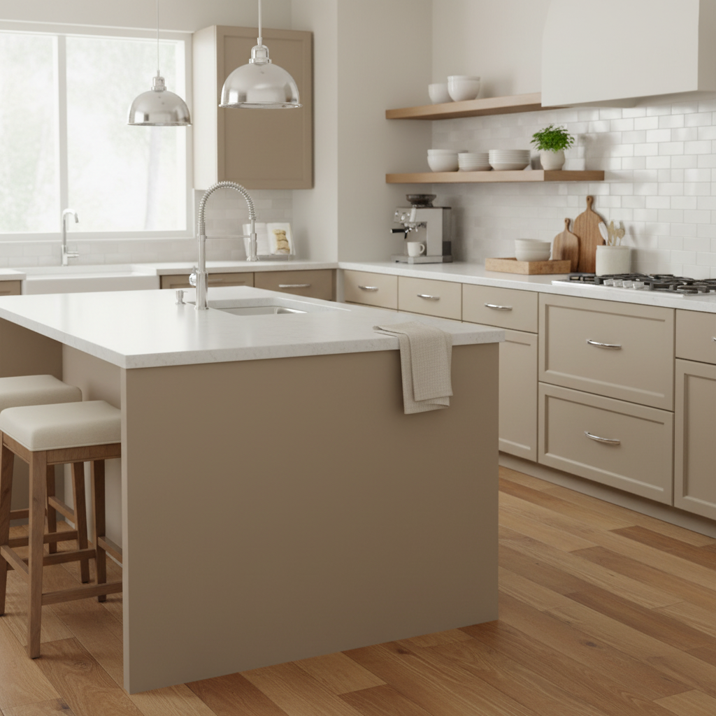 Modern kitchen with a central island, wooden floor, and neutral color scheme.