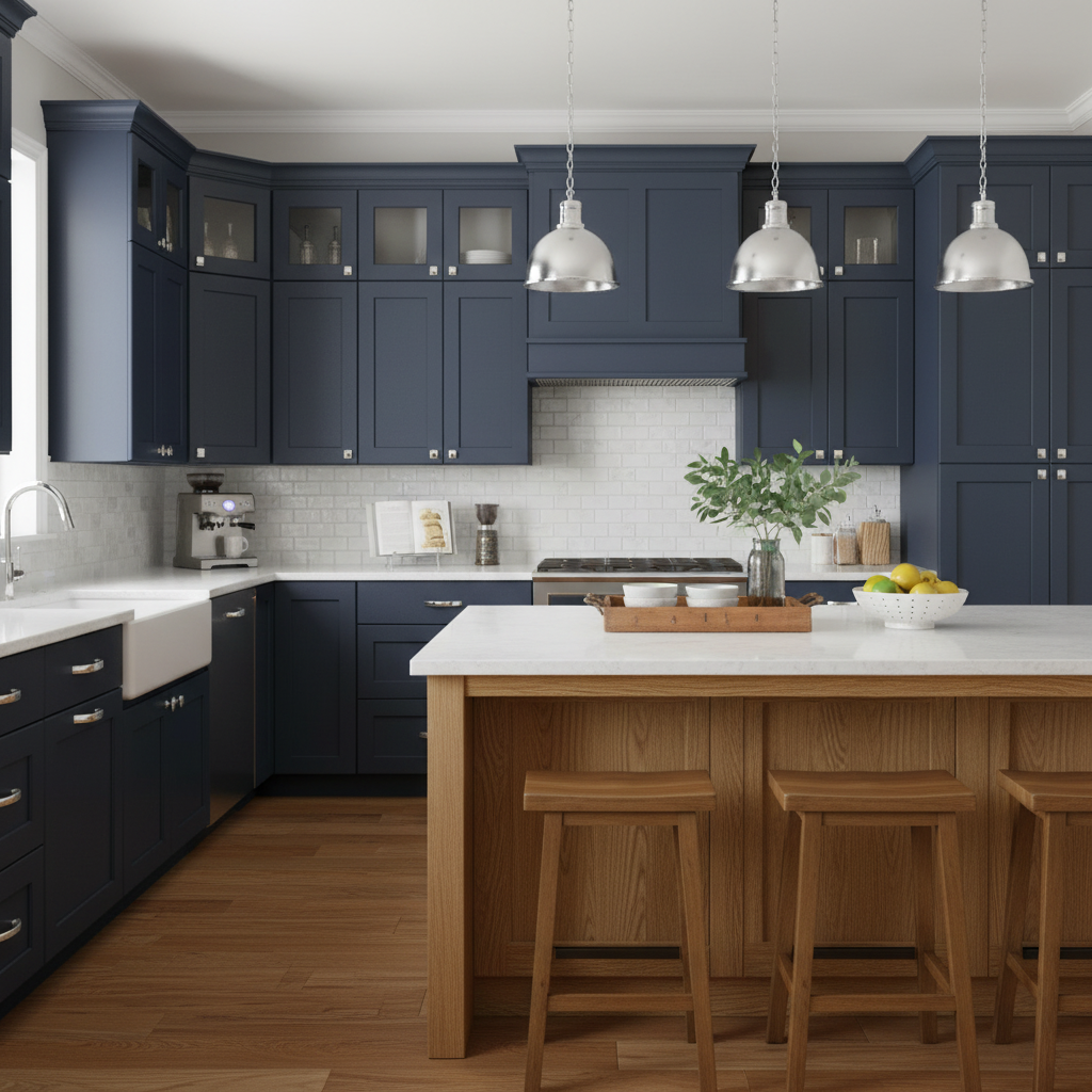chrome cabinet knobs on a navy kitchen 