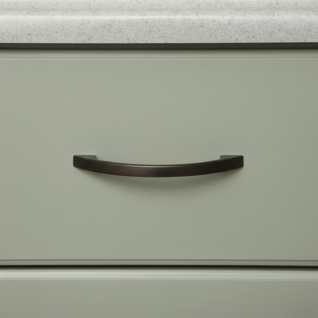 Close-up of a kitchen drawer with a bronze handle on a light green cabinet.