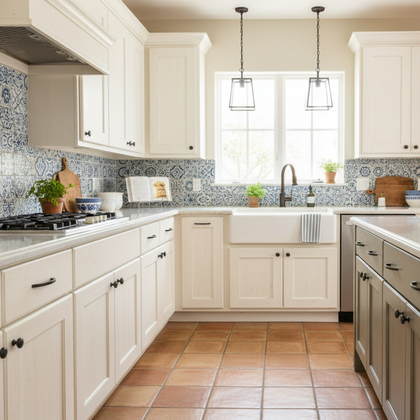 Modern kitchen with white cabinets, tiled backsplash, and stainless steel appliances.