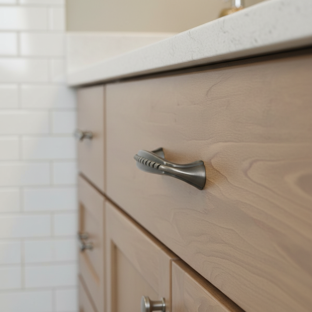 Curved metallic cabinet handle on a white background