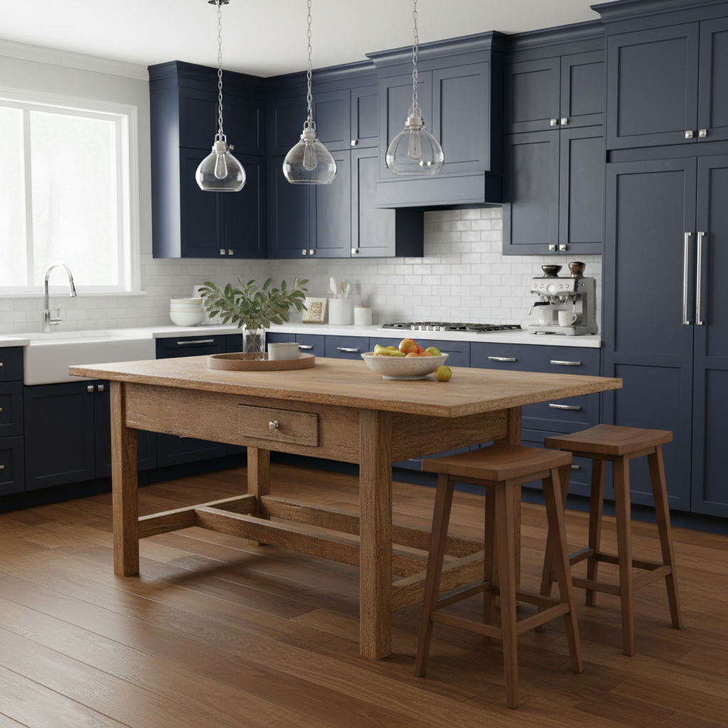 chrome bar handle on navy cabinets 