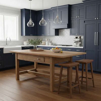 chrome bar handle on navy cabinets 