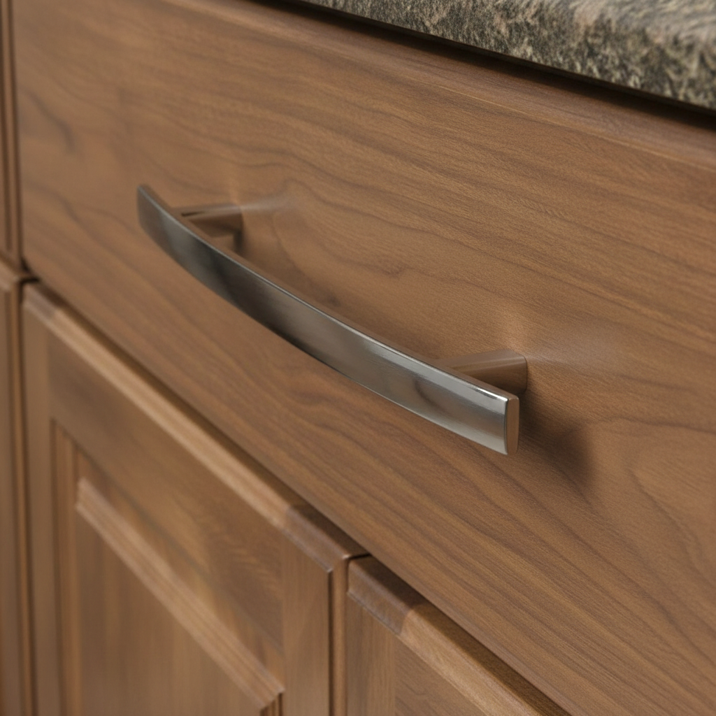 Wooden cabinet with a metallic handle